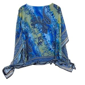 JM Collection Women 1X Blue Tie Dye Paisley Kaftan Top Poncho Beach Cover Up